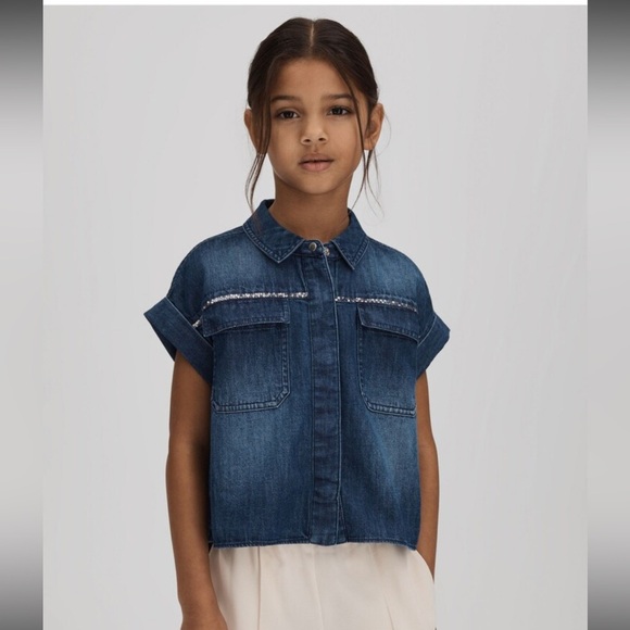 Reiss Kids Sandie Rhinstone Denim Shirt - Light Wash - Picture 5 of 11